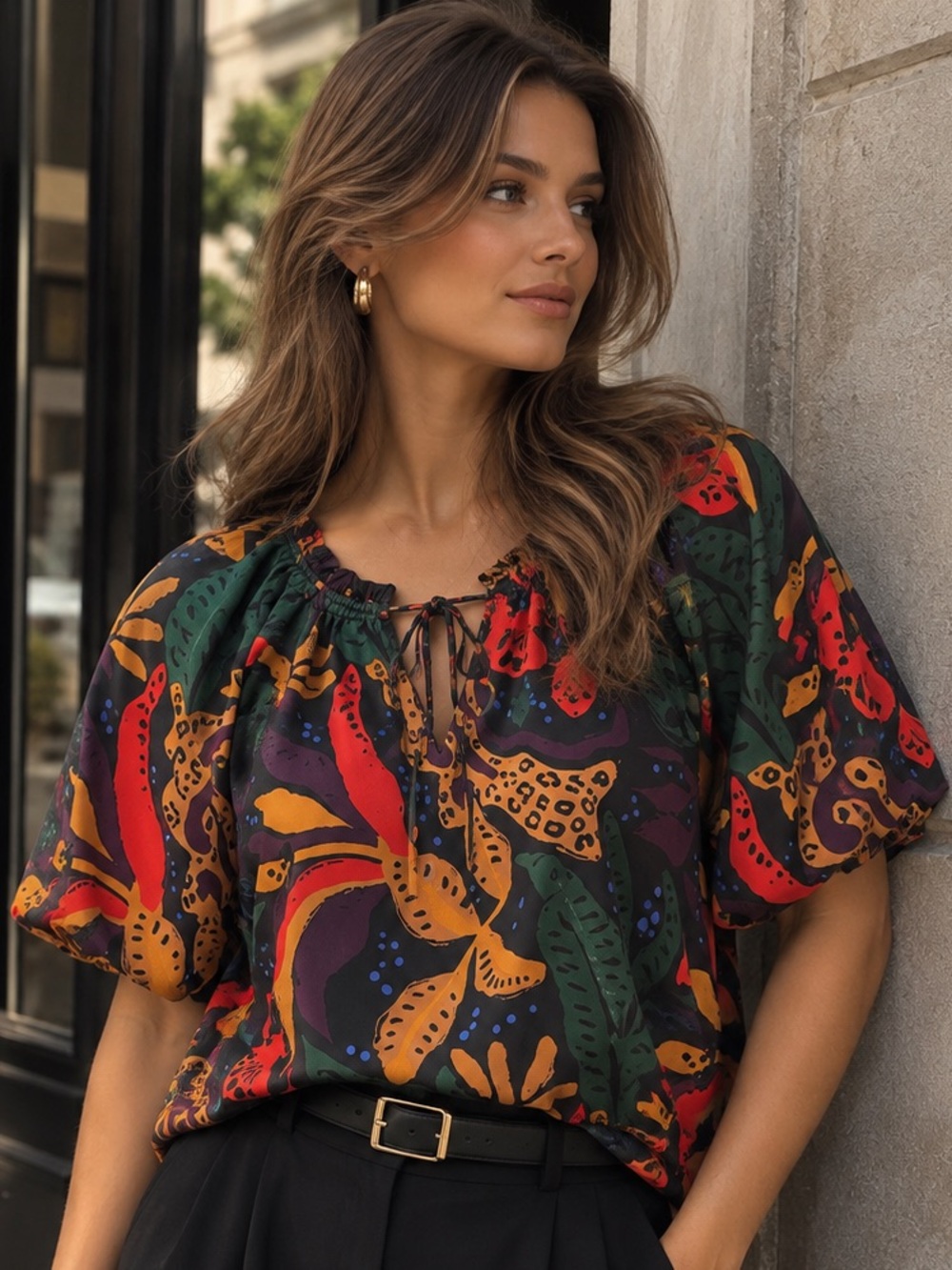 Skies Are Blue Curve Black Multi Printed Split Neck Blouse Size 3X NWT
